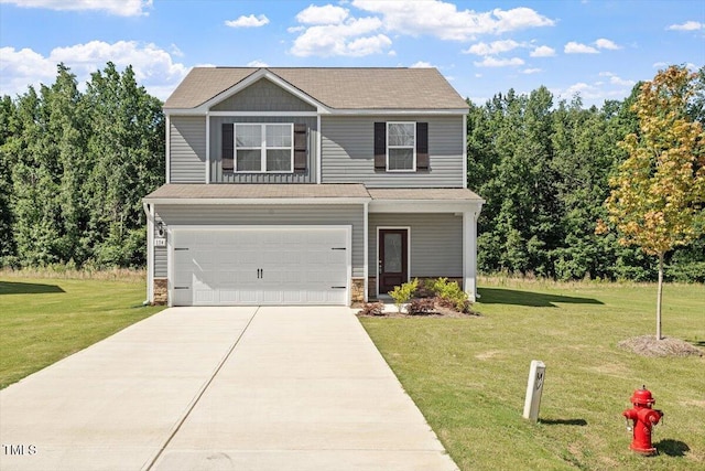 154 Taverners Ln, Angier, NC 27501 - view of front of home featuring an attached garage, a front yard, driveway, and stone siding