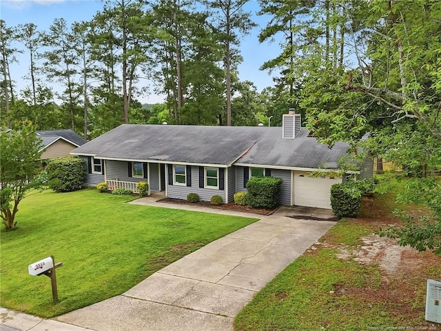 3511 Rolls Ave, Fayetteville, NC 28311 - ranch-style house featuring an attached garage, a chimney, concrete driveway, a front yard, and a shingled roof