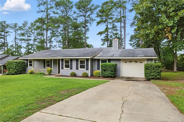 3511 Rolls Ave, Fayetteville, NC 28311 - ranch-style home with an attached garage, a chimney, driveway, a front yard, and covered porch