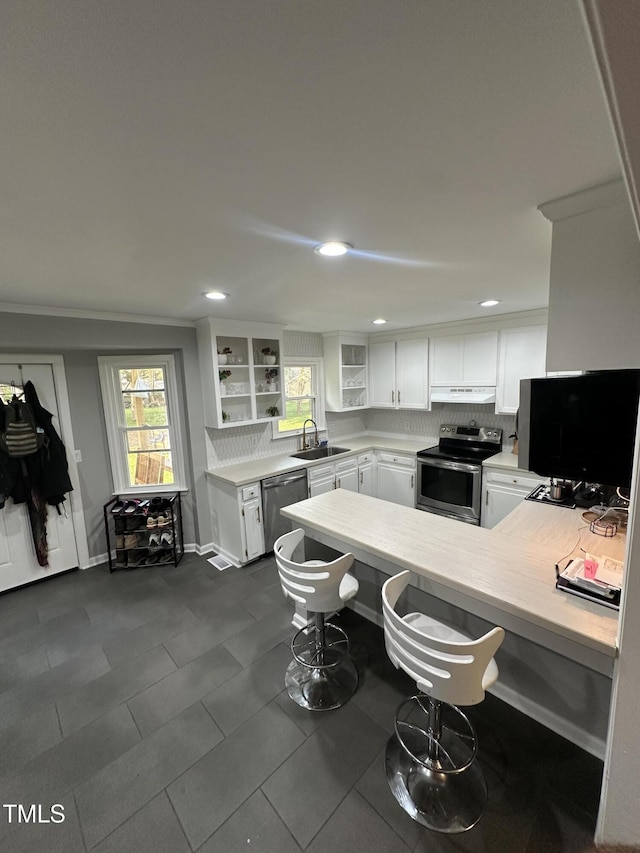 5809 Iris Lake Ct, Raleigh, NC 27604 - kitchen featuring appliances with stainless steel finishes, under cabinet range hood, open shelves, a peninsula, and light countertops