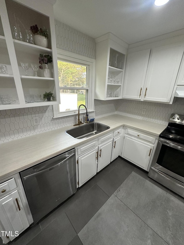 5809 Iris Lake Ct, Raleigh, NC 27604 - kitchen featuring appliances with stainless steel finishes, open shelves, and tasteful backsplash