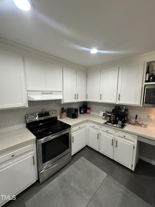 5809 Iris Lake Ct, Raleigh, NC 27604 - kitchen with stainless steel appliances, under cabinet range hood, white cabinets, and tasteful backsplash