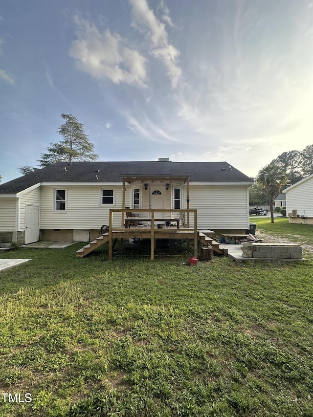 5809 Iris Lake Ct, Raleigh, NC 27604 - back of house featuring a wooden deck, a lawn, and crawl space