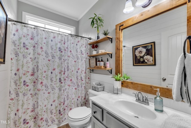 71 Smithsanders Ct, Smithfield, NC 27577 - bathroom with ornamental molding, vanity, curtained shower, and lofted ceiling