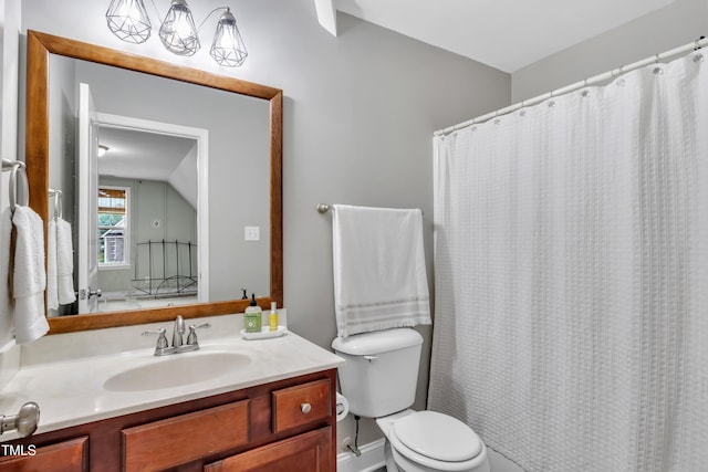 71 Smithsanders Ct, Smithfield, NC 27577 - bathroom featuring vanity, vaulted ceiling, and curtained shower