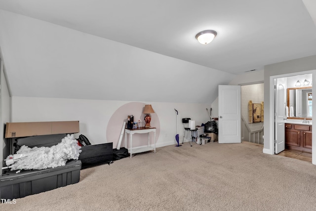 71 Smithsanders Ct, Smithfield, NC 27577 - bedroom with carpet flooring, lofted ceiling, and connected bathroom
