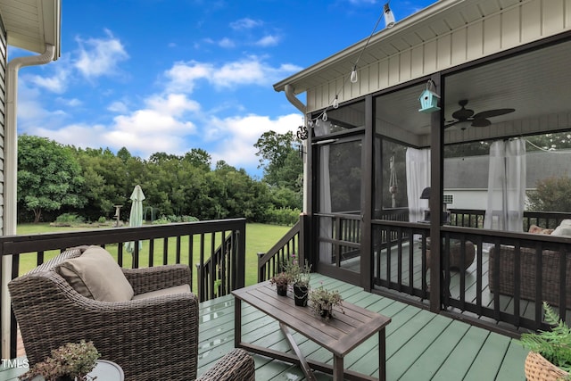 71 Smithsanders Ct, Smithfield, NC 27577 - wooden terrace featuring a sunroom, a ceiling fan, and a lawn