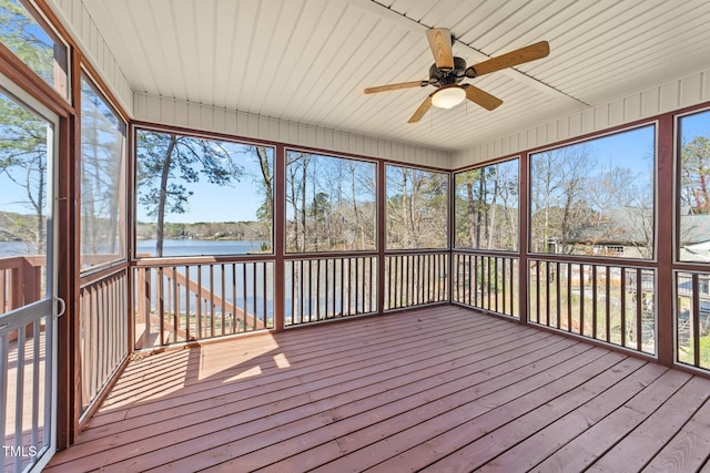 1013 Sagamore Dr, Louisburg, NC 27549 - unfurnished sunroom with a water view and ceiling fan