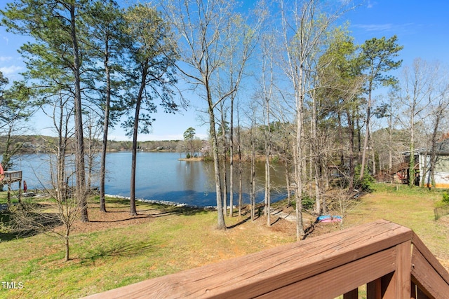 1013 Sagamore Dr, Louisburg, NC 27549 - wooden deck featuring a water view and a yard