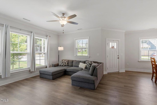 1304 Castlebay Rd, Durham, NC 27703 - living area with wood finished floors, ceiling fan, and ornamental molding