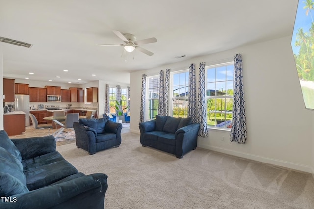 120 Misty Grove Trl, Franklinton, NC 27525 - living room featuring recessed lighting, a ceiling fan, and light carpet