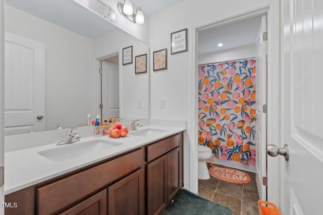 120 Misty Grove Trl, Franklinton, NC 27525 - bathroom with double vanity, stone finish flooring, and a shower with curtain