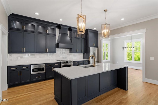 3934 Old Chapel Hill Rd, Durham, NC 27707 - kitchen featuring custom exhaust hood, stainless steel appliances, a chandelier, tasteful backsplash, and ornamental molding