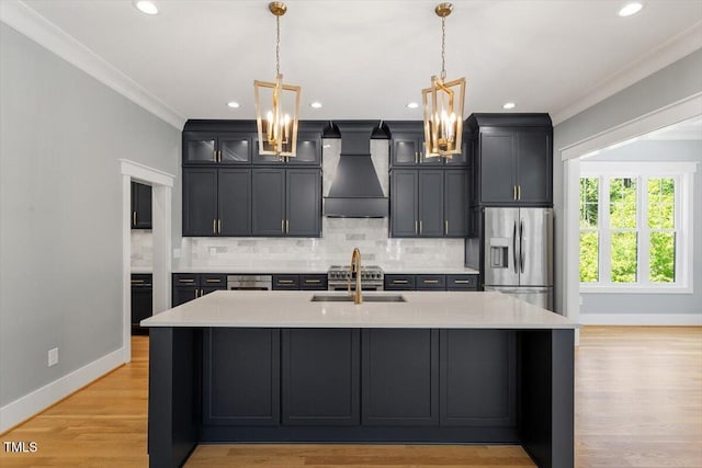 3934 Old Chapel Hill Rd, Durham, NC 27707 - kitchen with custom range hood, stainless steel fridge, crown molding, light countertops, and a chandelier