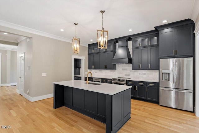 3934 Old Chapel Hill Rd, Durham, NC 27707 - kitchen with appliances with stainless steel finishes, custom exhaust hood, light countertops, backsplash, and ornamental molding