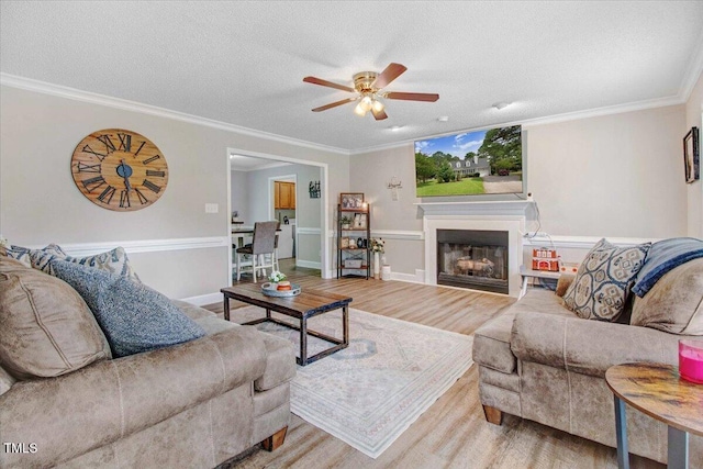 204 Paul Pl, Goldsboro, NC 27534 - living room with wood finished floors, ceiling fan, a textured ceiling, ornamental molding, and a fireplace