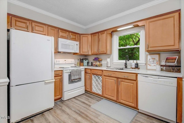 204 Paul Pl, Goldsboro, NC 27534 - kitchen with white appliances, light countertops, light wood-style floors, a textured ceiling, and ornamental molding