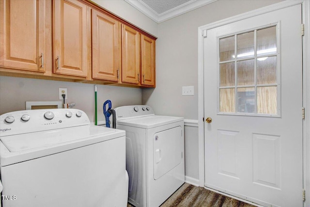 204 Paul Pl, Goldsboro, NC 27534 - washroom with cabinet space, independent washer and dryer, ornamental molding, and dark wood-type flooring