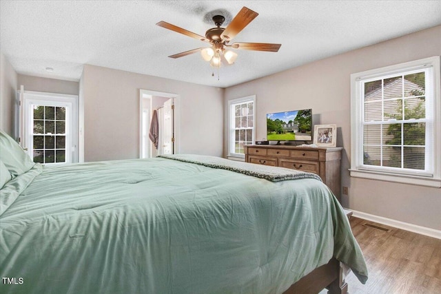 204 Paul Pl, Goldsboro, NC 27534 - bedroom featuring wood finished floors, multiple windows, ceiling fan, and a textured ceiling