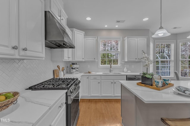 413 Westfalen Dr, Cary, NC 27519 - kitchen featuring appliances with stainless steel finishes, under cabinet range hood, white cabinets, light wood-style flooring, and decorative backsplash
