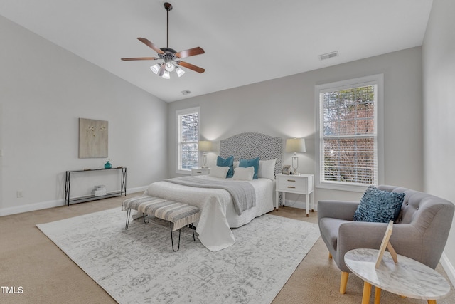 413 Westfalen Dr, Cary, NC 27519 - bedroom featuring carpet floors, vaulted ceiling, and ceiling fan