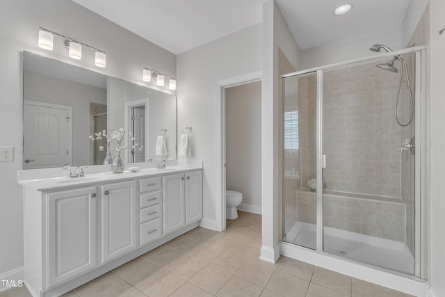 413 Westfalen Dr, Cary, NC 27519 - bathroom featuring tile patterned floors, double vanity, and a shower stall
