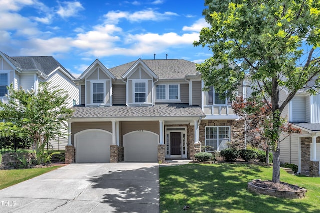 413 Westfalen Dr, Cary, NC 27519 - view of front of property featuring an attached garage, concrete driveway, roof with shingles, a front yard, and stone siding
