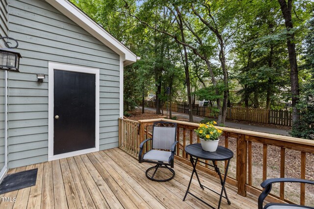 1815 Crystal Downs Ln, Raleigh, NC 27604 - wooden deck featuring view of wooded area