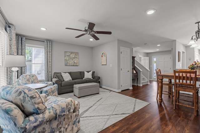 1815 Crystal Downs Ln, Raleigh, NC 27604 - living room featuring stairs, wood finished floors, a ceiling fan, and recessed lighting