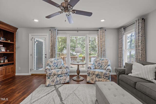 1815 Crystal Downs Ln, Raleigh, NC 27604 - living room with wood finished floors, recessed lighting, and ceiling fan