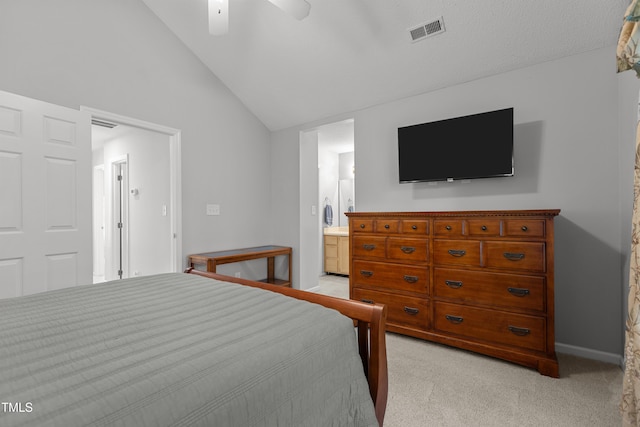 1815 Crystal Downs Ln, Raleigh, NC 27604 - bedroom featuring lofted ceiling, light colored carpet, connected bathroom, and ceiling fan