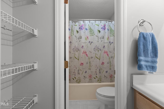 1815 Crystal Downs Ln, Raleigh, NC 27604 - bathroom with vanity, a textured ceiling, and shower / tub combo with curtain