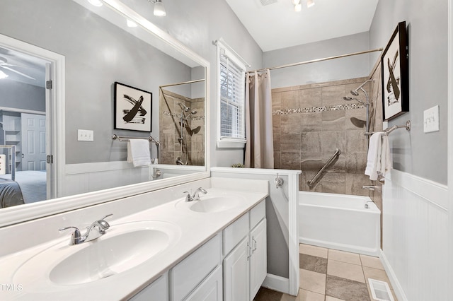 1821 Kelly Glen Dr, Apex, NC 27502 - full bathroom with shower / bath combination with curtain, double vanity, tile patterned floors, ensuite bath, and wainscoting