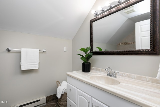 1821 Kelly Glen Dr, Apex, NC 27502 - bathroom with a baseboard heating unit, lofted ceiling, vanity, and tile patterned floors