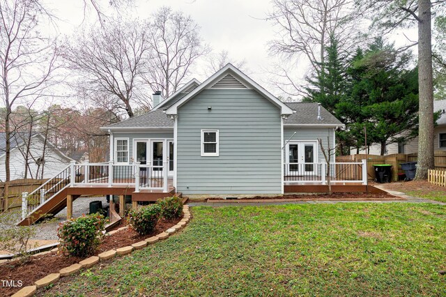 1821 Kelly Glen Dr, Apex, NC 27502 - back of house with a wooden deck, roof with shingles, french doors, a chimney, and stairway