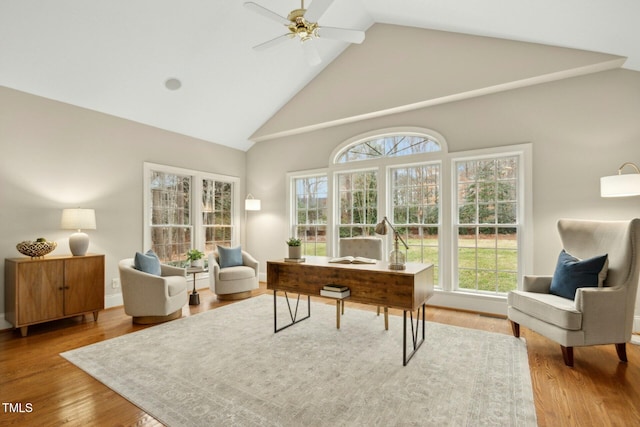 5204 Winter Holly Ct, Raleigh, NC 27606 - office with high vaulted ceiling, a ceiling fan, plenty of natural light, and wood finished floors