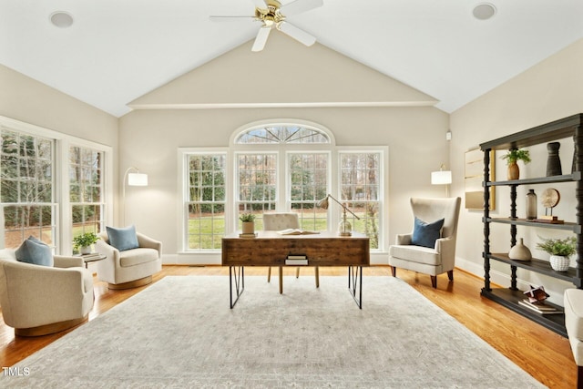 5204 Winter Holly Ct, Raleigh, NC 27606 - office area featuring ceiling fan, lofted ceiling, and wood finished floors