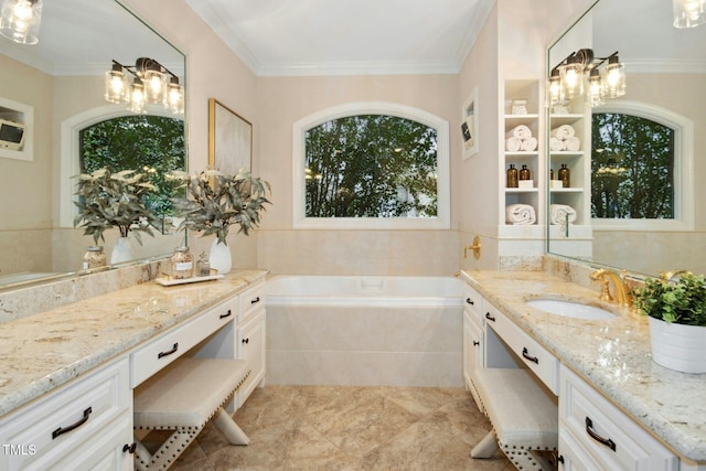 5204 Winter Holly Ct, Raleigh, NC 27606 - full bath featuring a chandelier, vanity, a bath, and ornamental molding