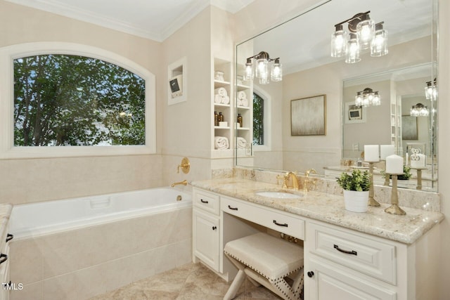 5204 Winter Holly Ct, Raleigh, NC 27606 - bathroom featuring a bath, vanity, a chandelier, crown molding, and tile patterned flooring