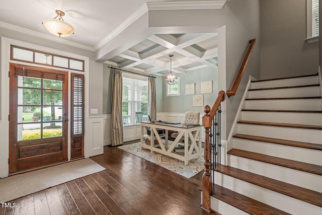 508 Morning Oaks Dr, Holly Springs, NC 27540 - foyer entrance featuring dark wood-style flooring, beamed ceiling, stairs, plenty of natural light, and ornamental molding