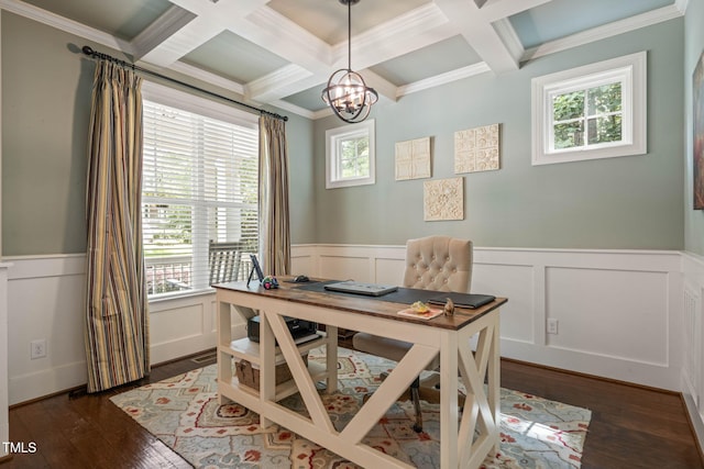 508 Morning Oaks Dr, Holly Springs, NC 27540 - home office featuring coffered ceiling, wainscoting, beam ceiling, a chandelier, and crown molding