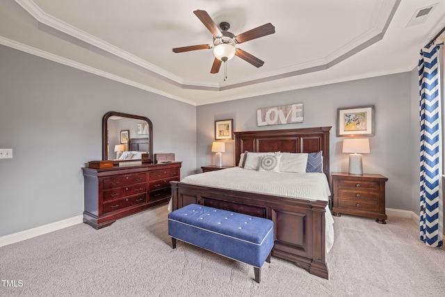 508 Morning Oaks Dr, Holly Springs, NC 27540 - bedroom featuring a raised ceiling, light carpet, ornamental molding, and ceiling fan