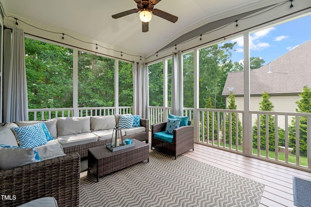 508 Morning Oaks Dr, Holly Springs, NC 27540 - sunroom / solarium featuring ceiling fan, vaulted ceiling, and an outdoor living space