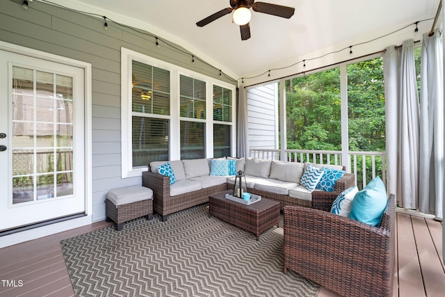 508 Morning Oaks Dr, Holly Springs, NC 27540 - sunroom / solarium featuring vaulted ceiling, a ceiling fan, and an outdoor living space