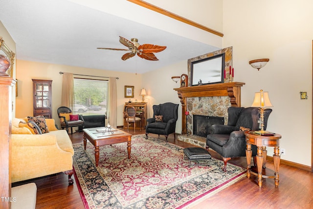 106 Scuppernong Ct, West End, NC 27376 - living room with a fireplace, wood finished floors, and ceiling fan