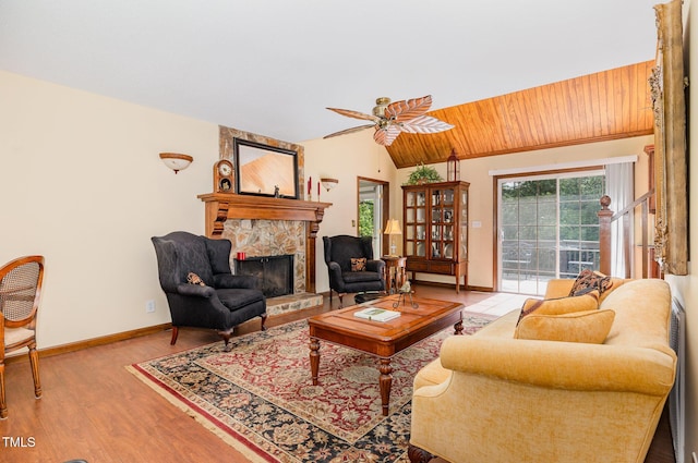 106 Scuppernong Ct, West End, NC 27376 - living room with a fireplace, a ceiling fan, wood finished floors, and lofted ceiling