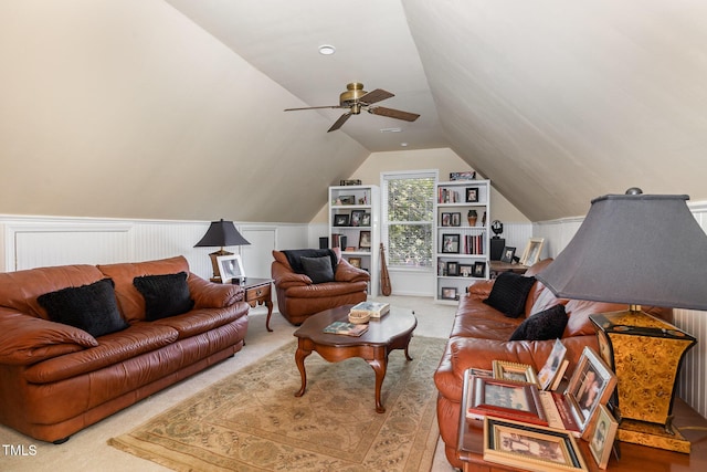 106 Scuppernong Ct, West End, NC 27376 - living area featuring light colored carpet, lofted ceiling, and ceiling fan