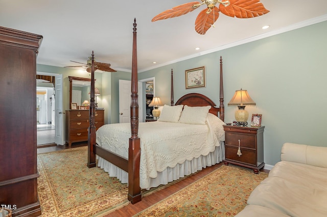106 Scuppernong Ct, West End, NC 27376 - bedroom with wood finished floors, ornamental molding, recessed lighting, and ceiling fan