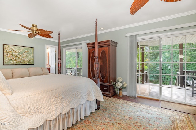 106 Scuppernong Ct, West End, NC 27376 - bedroom featuring access to outside, light wood-type flooring, ornamental molding, and a ceiling fan