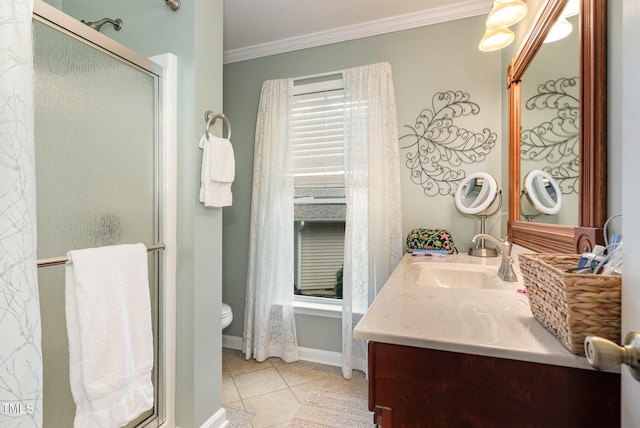 106 Scuppernong Ct, West End, NC 27376 - full bathroom featuring ornamental molding, vanity, an enclosed shower, and tile patterned floors